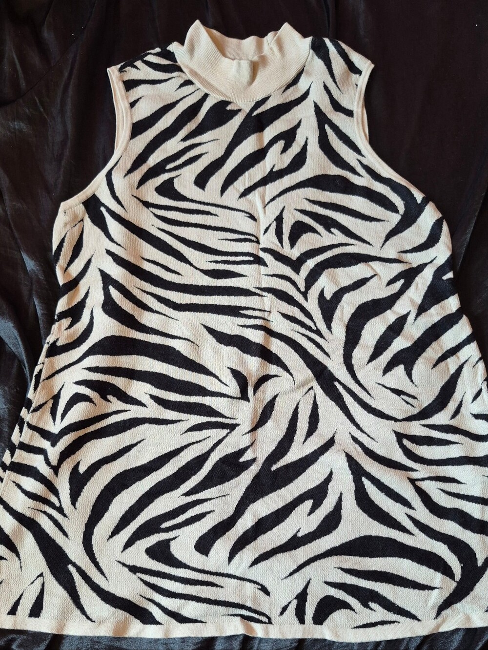 JM Collection Zebra-Print Mock Neck Tank - Black & Creme